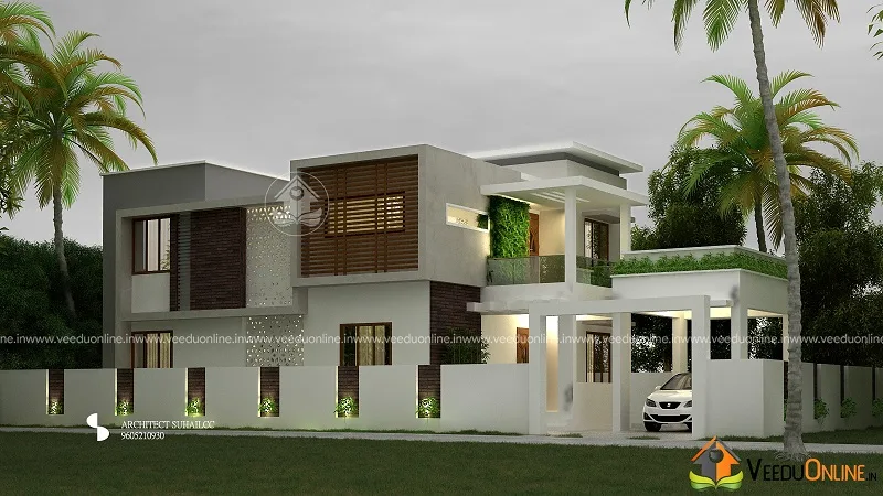 Dusk view of 2200 sq ft natural contemporary Kerala home