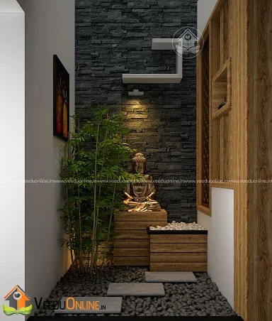 Indoor courtyard with stone wall and plants