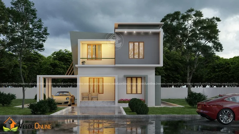 Renovated house front view with box frame and balcony