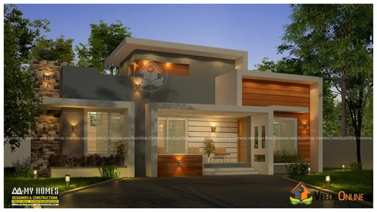 Single floor budget home 800 sq ft modern Kerala house with warm lights