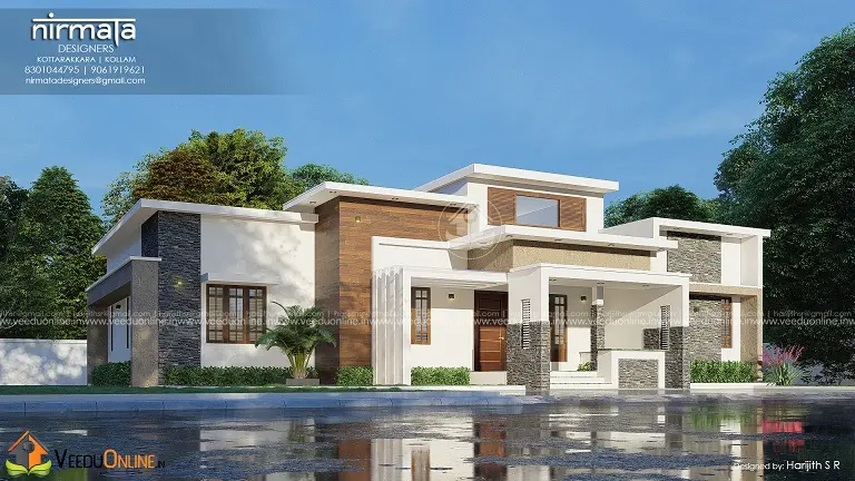 Side view of modern single storey Kerala house with wood finish cladding