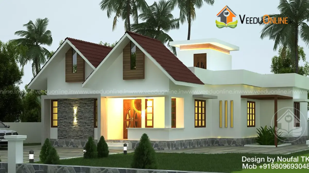 Sloping roof house 1000 sq ft single floor Kerala style 3 bedroom home