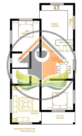 Floor plan of 940 sq ft 2 bedroom house