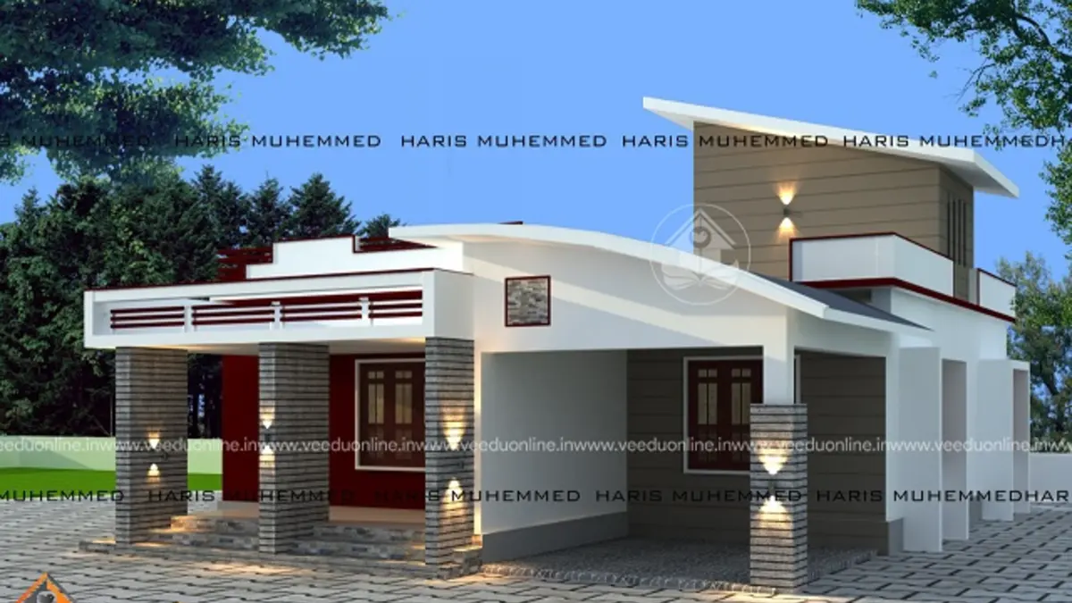 Spacious 2BHK house 1100 sq ft modern single floor Kerala home with curved roof