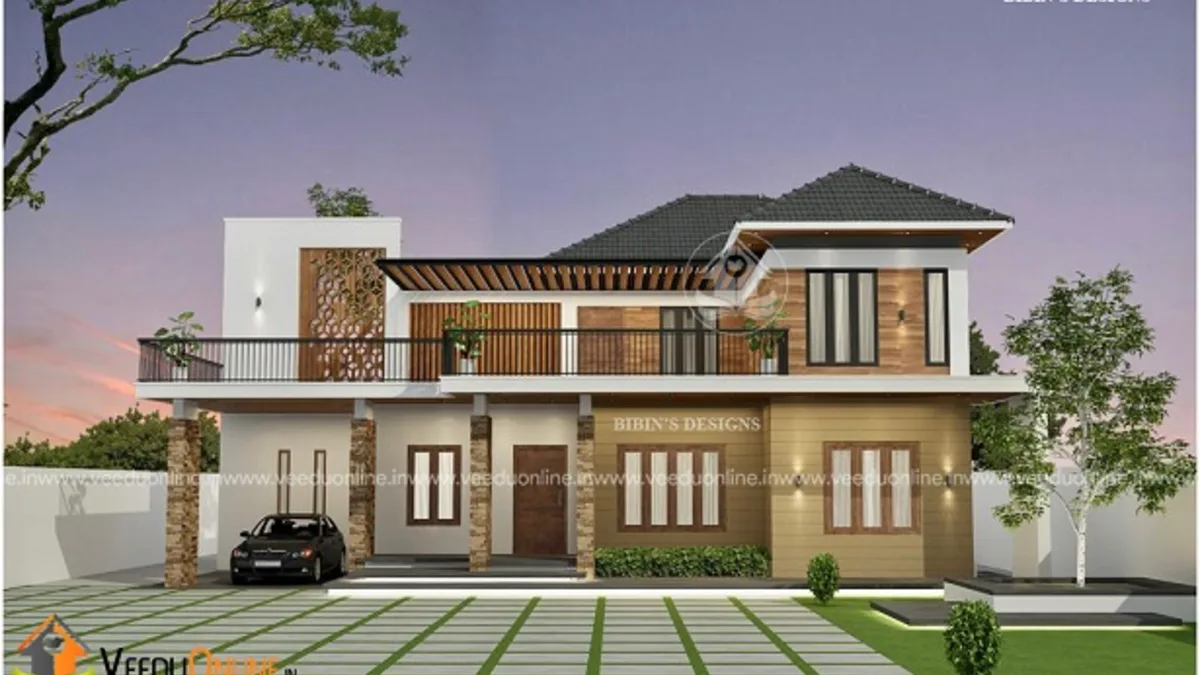 Spacious 3 bedroom house Kerala 2953 sq ft with hip roofs and stone cladding