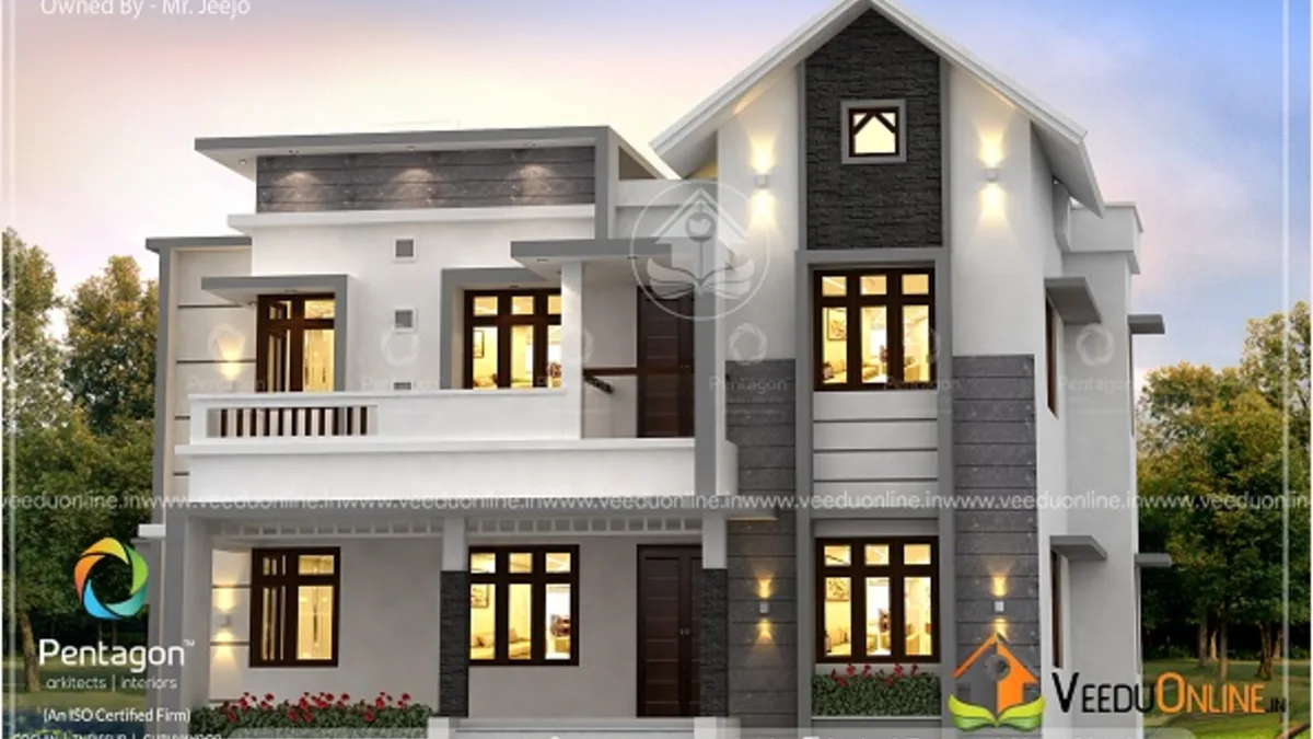 Spacious Kerala home 2718 sq ft with dark grey gable and white walls