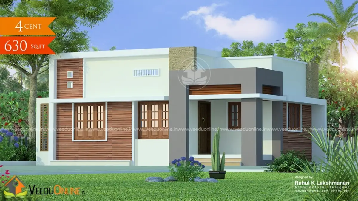 Tiny house design Kerala 630 sq ft single floor home with wood cladding