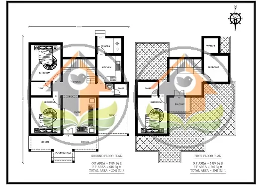 Ground and first floor plans of 2041 sq ft traditional house