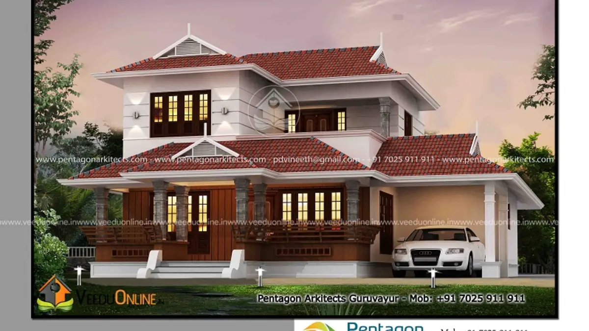 Traditional house with poomukham 2041 sq ft and red tiled roofs
