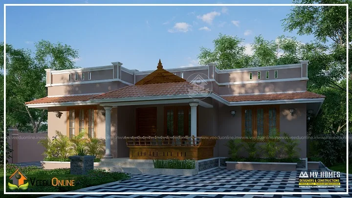 Front view of low cost traditional Kerala house with checkered paving