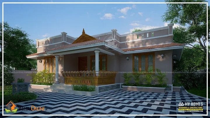 Side angle of single floor traditional house with pillared sit out