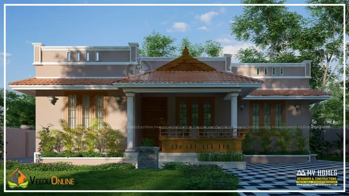 Traditional Kerala home 1150 sq ft with tiled roof entrance and wooden verandah