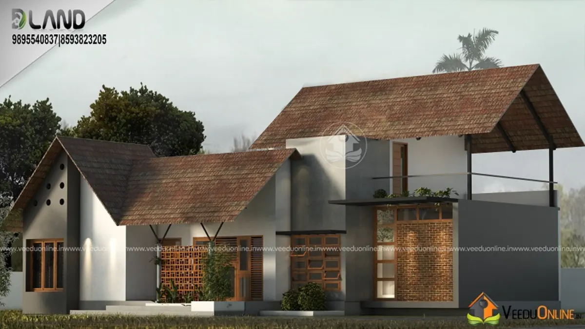 Tropical house design 1450 sq ft with steep tiled roofs and wood cladding
