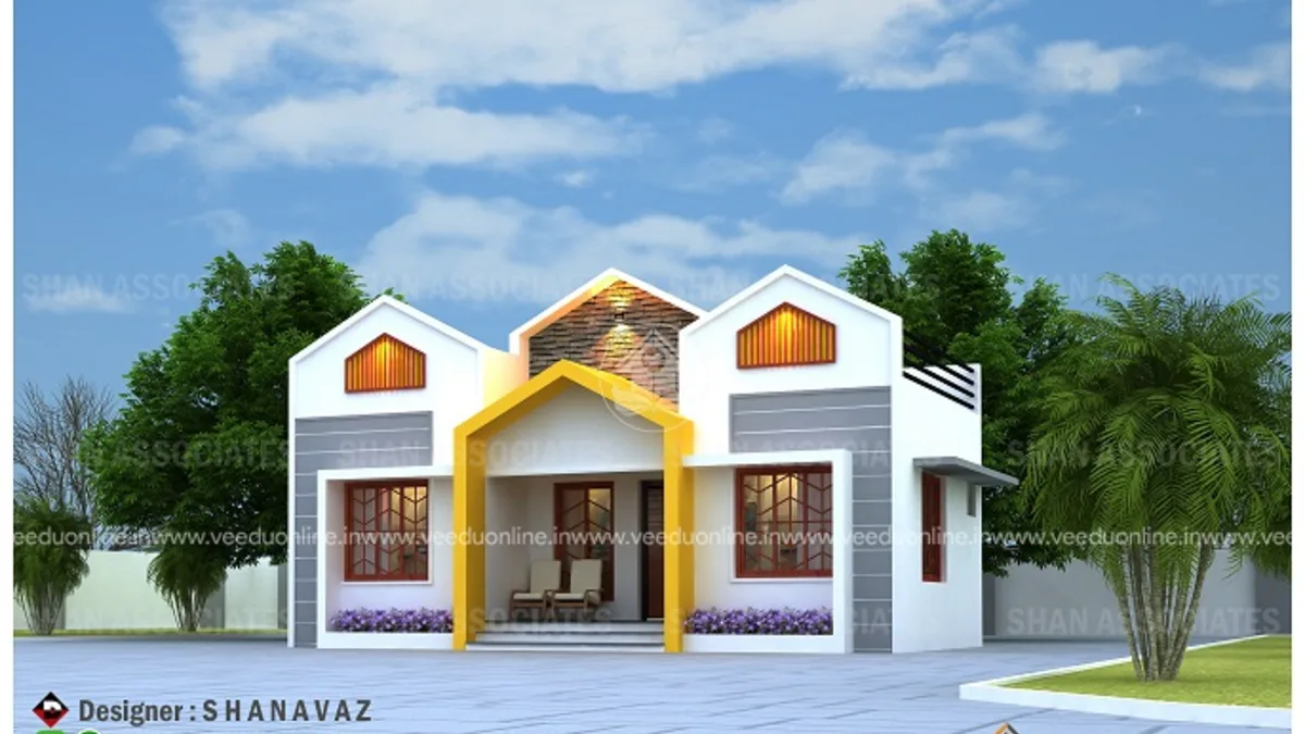 Twin gable house 657 sq ft with yellow and grey trims single floor home