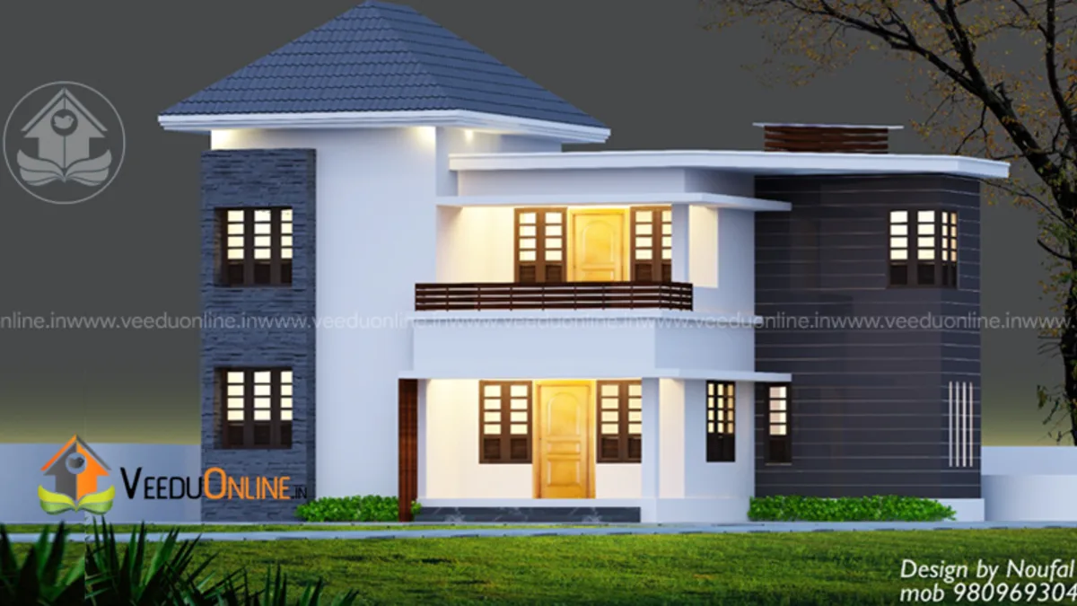 Two storey house design 1700 sq ft Kerala home with dark hip roof at night