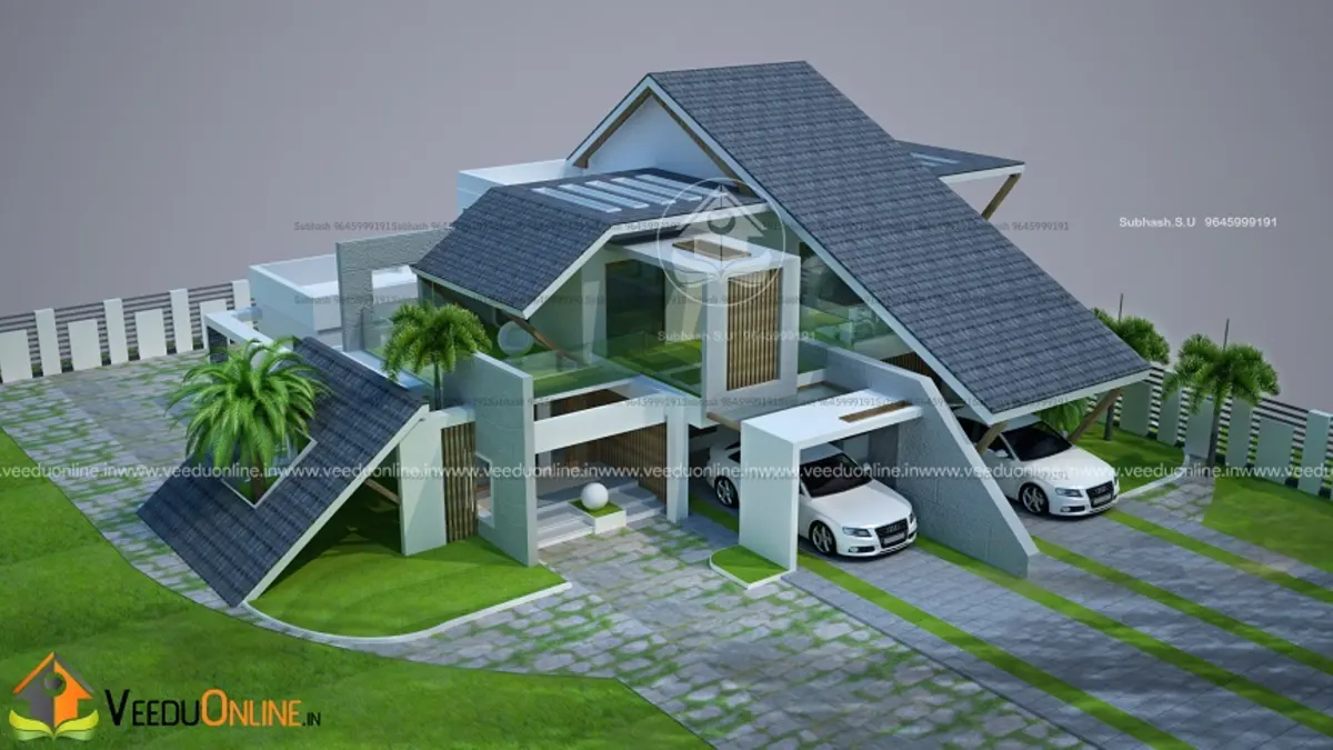 Unique roof house design 2400 sq ft with dramatic angled roofs aerial view