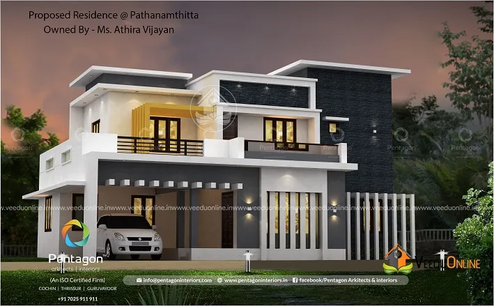 Daytime view of modern white and grey house with car porch