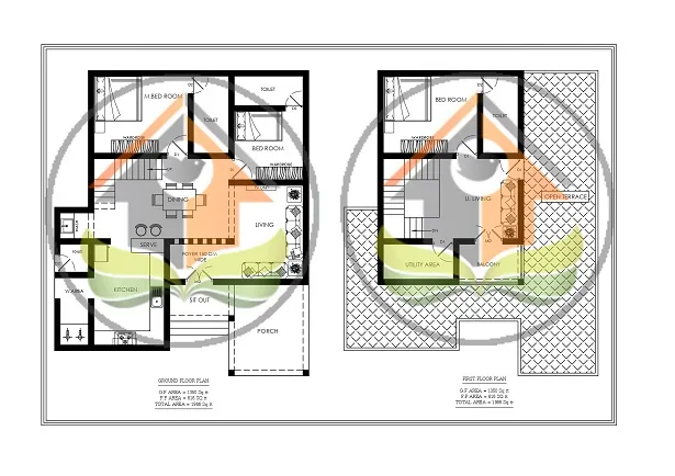 Ground and first floor plans of 1966 sq ft house