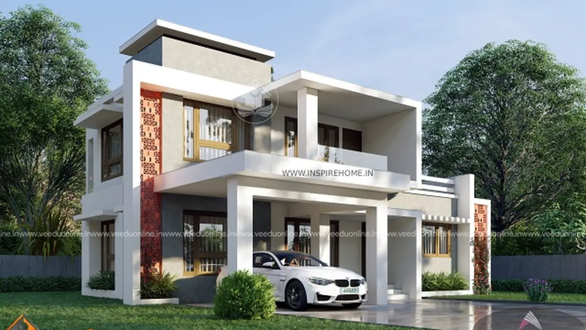 White house design Kerala 1600 sq ft contemporary double floor home with car porch